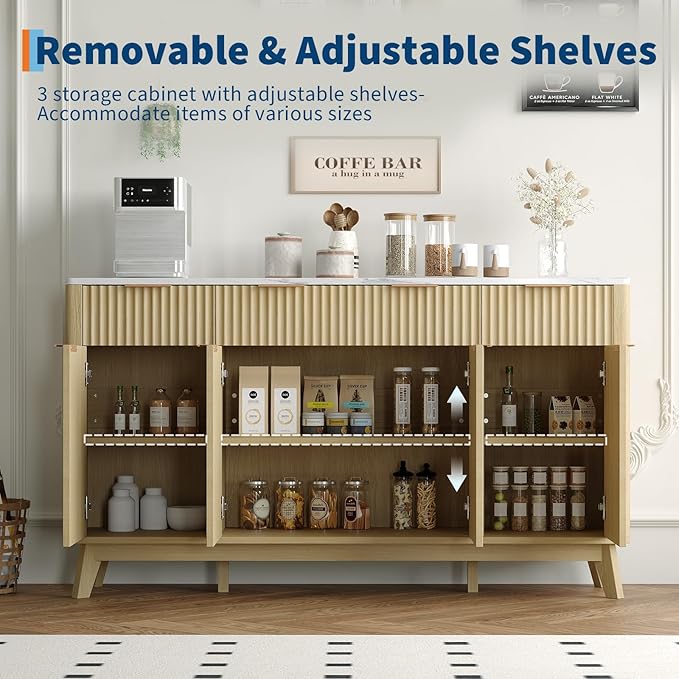 IDEALHOUSE 60" Large Farmhouse Sideboard Buffet Cabinet with Storage Drawers & Adjustable Shelves, Wood Fluted Buffet Storage Cabinet & Coffee Bar Console Table for Living Room & Kitchen Dining Room