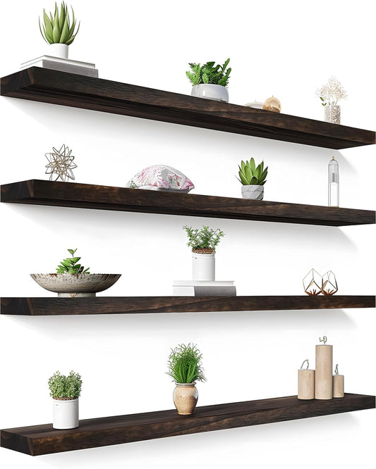 48 Inch Floating Shelves for Wall Rustic Brown Wood Wall Shelves for Bedroom Set of 4 - Décor Diaries