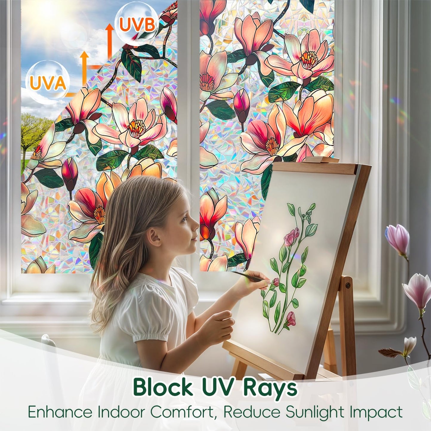 DUOFIRE Window Privacy Film Decorative Stained Glass Window Film Rainbow Magnolia Floral Static Cling Non-Adhesive Reusable Anti UV Colorful Window Decal for Home 16.92×39.37 inch