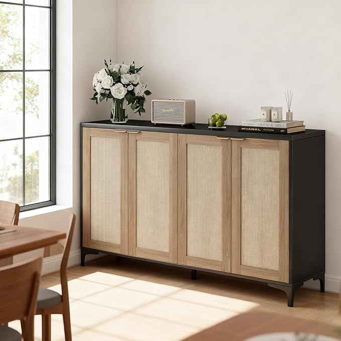 Sideboard Buffet Cabinet with Storage, 4 Doors Rattan Kitchen Cabinet with Adjustable Shelf, Accent Sideboard Entryway Table for Living Room, Black