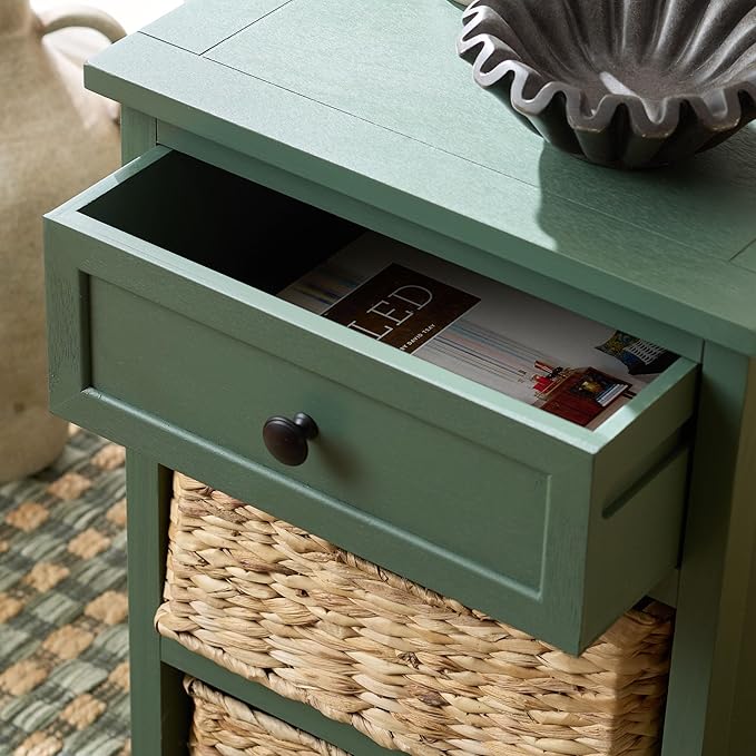 SAFAVIEH Home Collection – Carrie Dusty Green 3-Drawer Storage Side Table, Mixed-Material Cottage Design, Fully Assembled (AMH5700L)