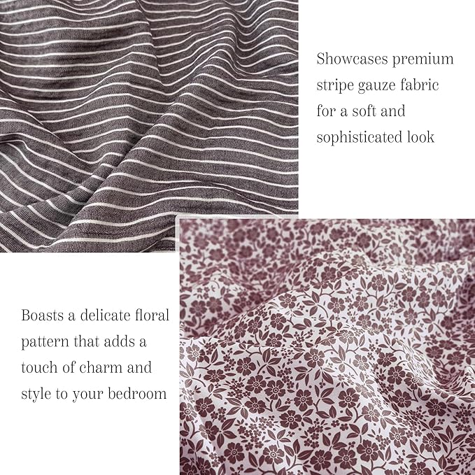 Queen Comforter Set - 7 Pieces Deep Purple Gauze Muslin Bedding Sets for All Seasons, Lightweight Breathable Bed in a Bag Queen with Revesible Farmhouse Comforter, Sheets, Pillowcases & Shams