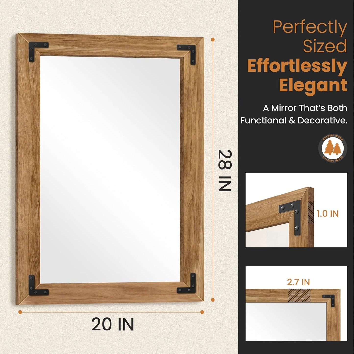 Bathroom Mirror for Wall with Wooden Frame, 20"x28" Solid Wood Vanity Mirror for Farmhouse, Bathroom, Bedroom, Vertical or Horizontal Hanging