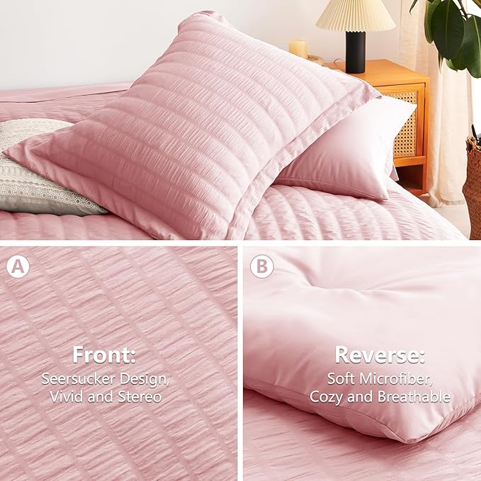 CozyLux Full Size Comforter Sets with Sheets Seersucker 7 Pieces Pink Bed in a Bag Textured Luxury Soft Bedding Set with Down Alternative Comforter, Sheets, Pillowcases & Shams for All Seasons
