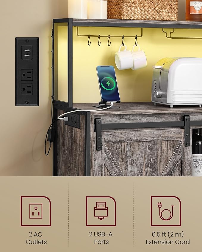 VASAGLE Coffee Bar Cabinet with Power Outlet and Voice Control LED Light, Buffet Cabinet with Sliding Barn Doors, S Hooks, Wine Glass Racks, Bottle Holders, Maple Gray ULSC201G01