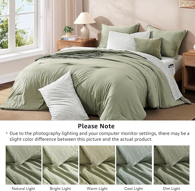 Monbix Full Size Comforter Set - 7 Pieces Green Prewashed Bed in a Bag Full Bedding Sets with Comforters, All Seasons Ultra Soft Comforter Bed Set with Sheets,Pillowcases & Shams