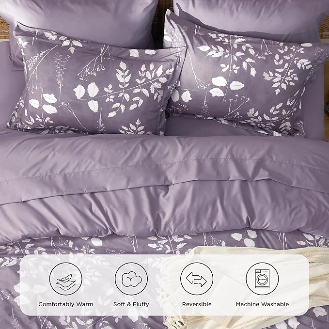 Bedsure Grayish Purple Twin Comforter Set - 5 Pieces Floral Bedding Sets Twin Bed in a Bag with Reversible Botanical Flowers Comforter, Sheets, Pillowcase & Sham