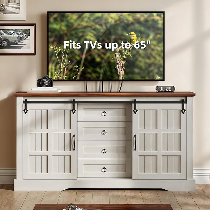 DWVO 59" Sideboard Buffet Cabinet with Storage, Kitchen Storage Cabinet with Sliding Barn Doors and 4 Drawers for Living Room/Kitchen, White Oak