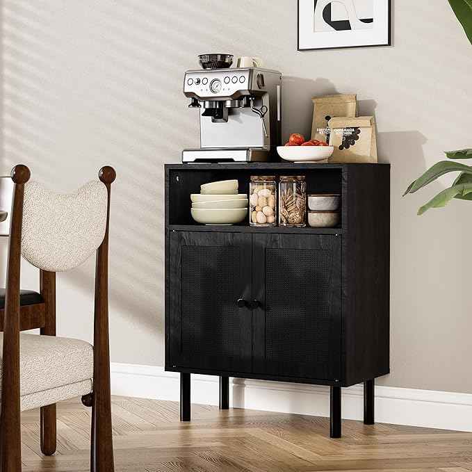 Rattan Storage Cabinet, Boho Accent Cabinet with Double Doors, Small Freestanding Sideboard for Hallway, Laundry Room,Kitchen, Dining Room, Entryway (Black)