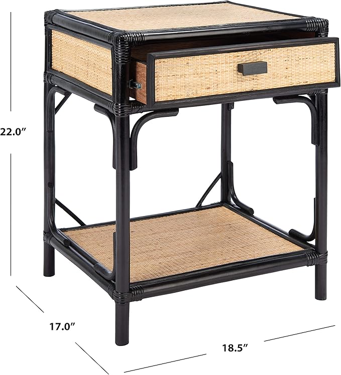 SAFAVIEH Home Collection – Roya Black & Natural Nightstand with Drawer & Shelf, Coastal Accent Table, Bamboo-Style Frame & Rattan Drawer (NST4005D)
