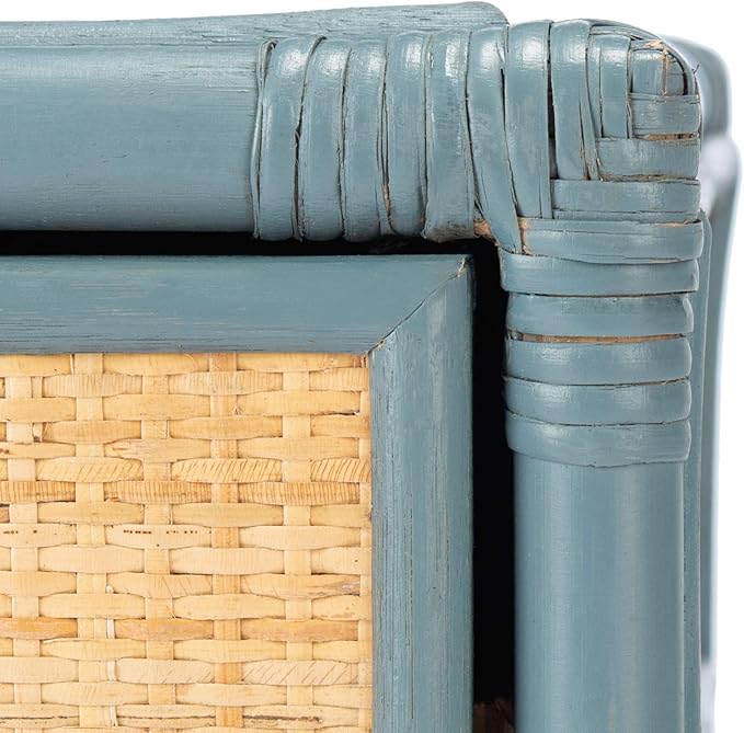 SAFAVIEH Home Collection – Roya Blue Grey & Natural Nightstand with Drawer & Shelf, Coastal Accent Table, Bamboo-Style Frame & Rattan Drawer (NST4005B)