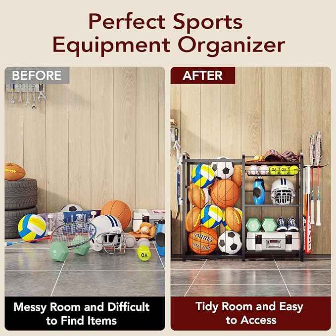 Garage Sports Equipment Organizer, Ball Storage for Gear and Toys, Large Capacity, Sports Organizer for Garage with Hooks and Baskets