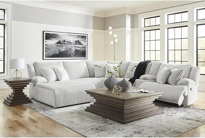 Signature Design by Ashley Top Tier Modern Right-Arm Facing 6-Piece Reclining Sectional with Chaise, Armrest, Throw Pillows and Storage, Light Gray