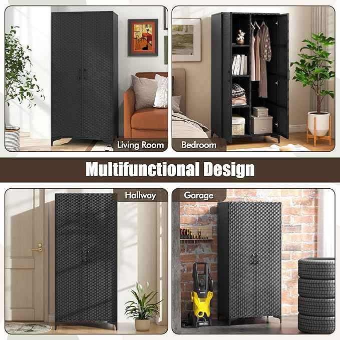 Giantex Wicker Storage Cabinet, 62” Tall Pantry Cabinet with 2 Doors, Hanging Rod, 4 Storage Cubes, Metal Legs, Anti-Tipping Device, PE Rattan Storage Cabinet for Home Office, Garage Cabinets (Black)