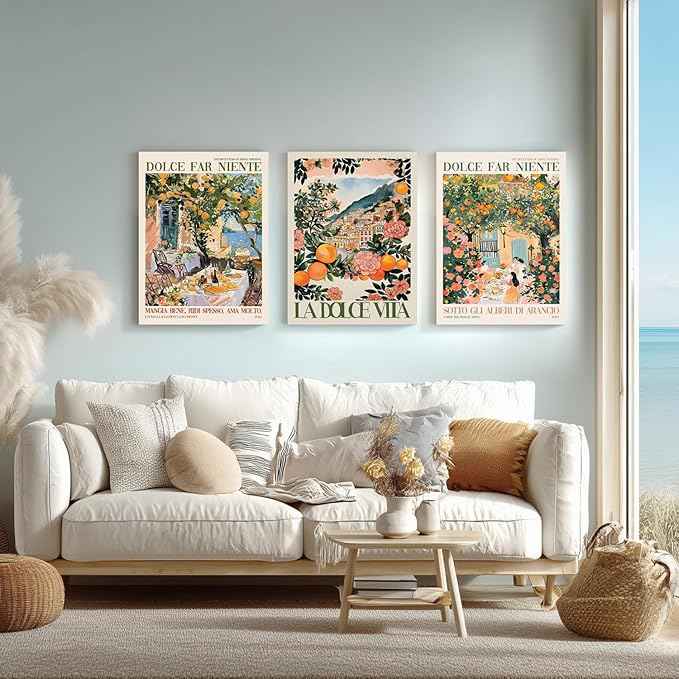 Cyebmo Framed Italy Travel Wall Art set of 3, Trendy Amalfi Coast Wall Decor, Italian Food Wrapped Canvas Artwork, Vintage Italian City Poster Prints for Bedroom Dining Room Living Room 16"x24"x3