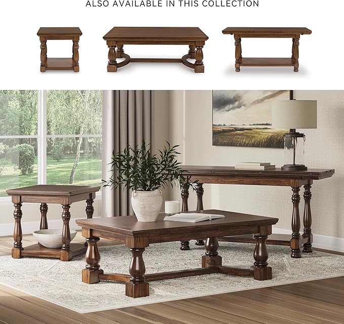 Signature Design by Ashley Sturlayne Transitional Expandable Flip Top Sofa Table with Lower Shelf and Turned Leg, Dark Brown