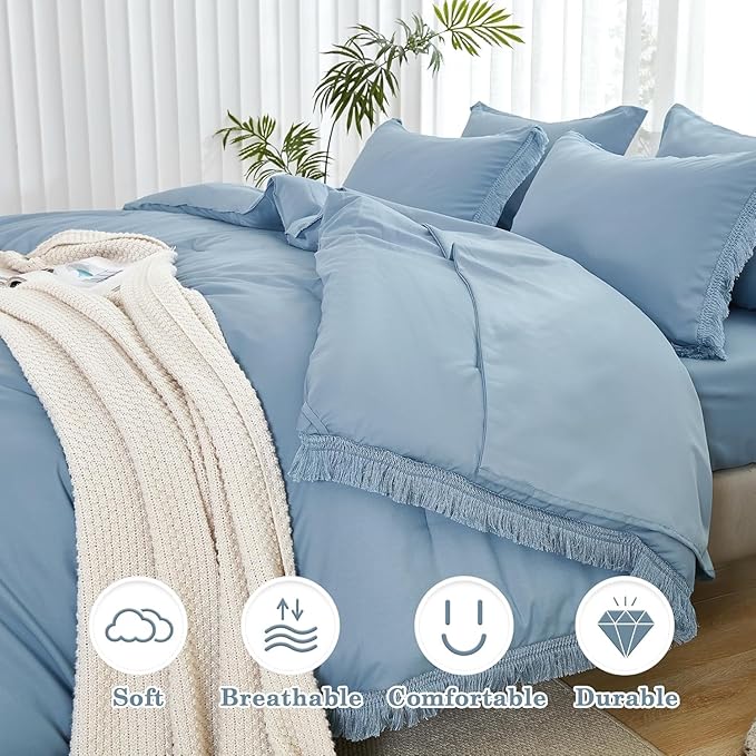 Andency Oversized King Comforter Set Grayish Blue 120x98-7 Pieces Boho Tassel Bed in a Bag Soft Lightweight Bedding Sets, Fringe All Season Bed Set with Comforter, Sheets, Pillowcases & Shams