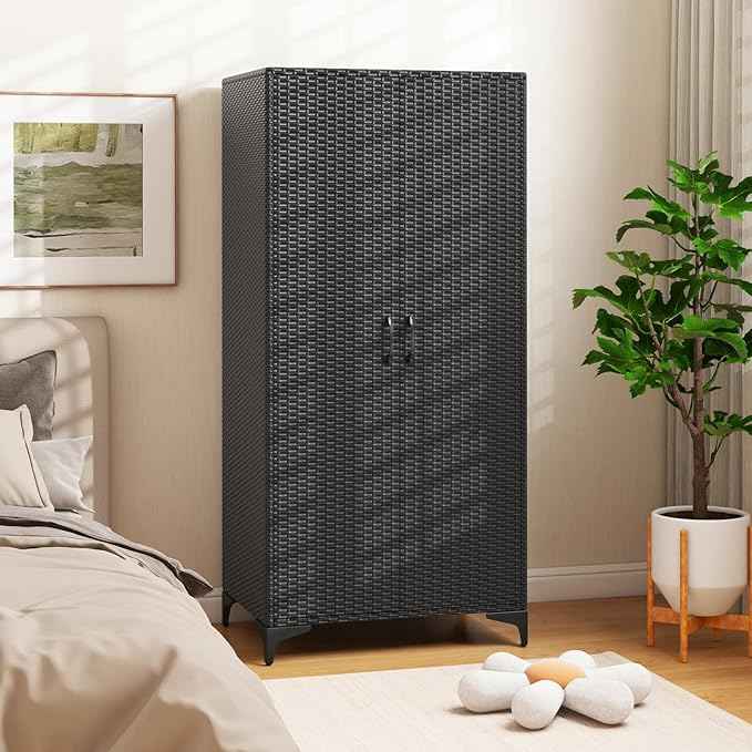 Giantex Wicker Storage Cabinet, 62” Tall Pantry Cabinet with 2 Doors, Hanging Rod, 4 Storage Cubes, Metal Legs, Anti-Tipping Device, PE Rattan Storage Cabinet for Home Office, Garage Cabinets (Black)