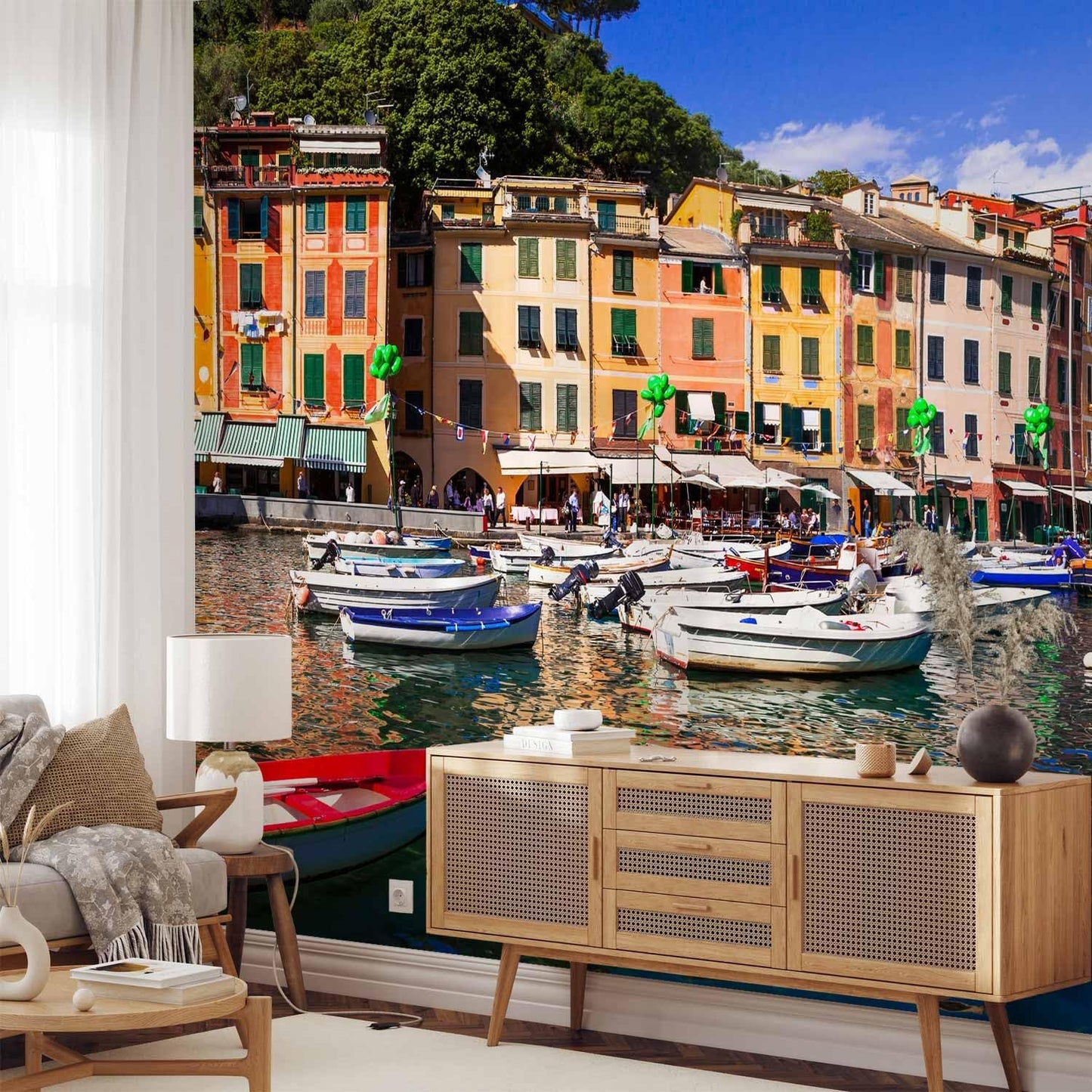 artgeist Wall Mural Peel and Stick Architecture 212x98 in - XXL Self-Adhesive Corner Wallpaper Removable Large Sticker Foil Angle Wallpaper Wall Decor Print City Lake Boat Like Painted d-B-0297-a-a