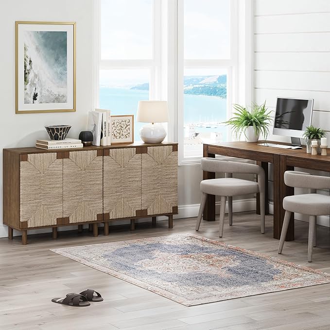 Nathan James Beacon Boho Accent Cabinet with Doors, TV Stand with Adjustable Interior Shelf and Seagrass Accent, Dark Brown, Set of 2