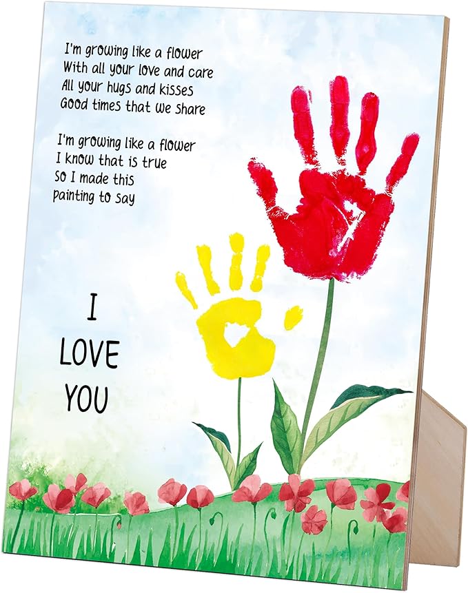Family Handprint Kit, Flower Handprint Keepsake Wooden Sign with Stand and Hook - 9x12 Inch, Mothers Day DIY Crafts, Birthday Mother's Day Gift for Mom, Gifts for Grandma