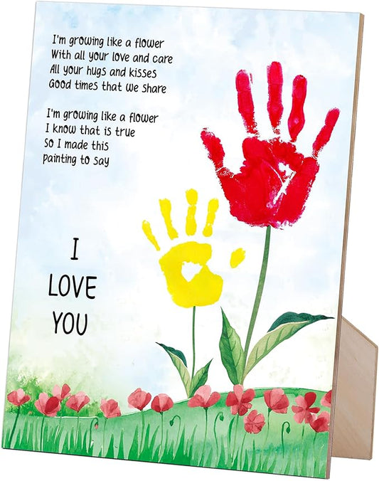 Family Handprint Kit, Flower Handprint Keepsake Wooden Sign with Stand and Hook - 9x12 Inch, Mothers Day DIY Crafts, Birthday Mother's Day Gift for Mom, Gifts for Grandma