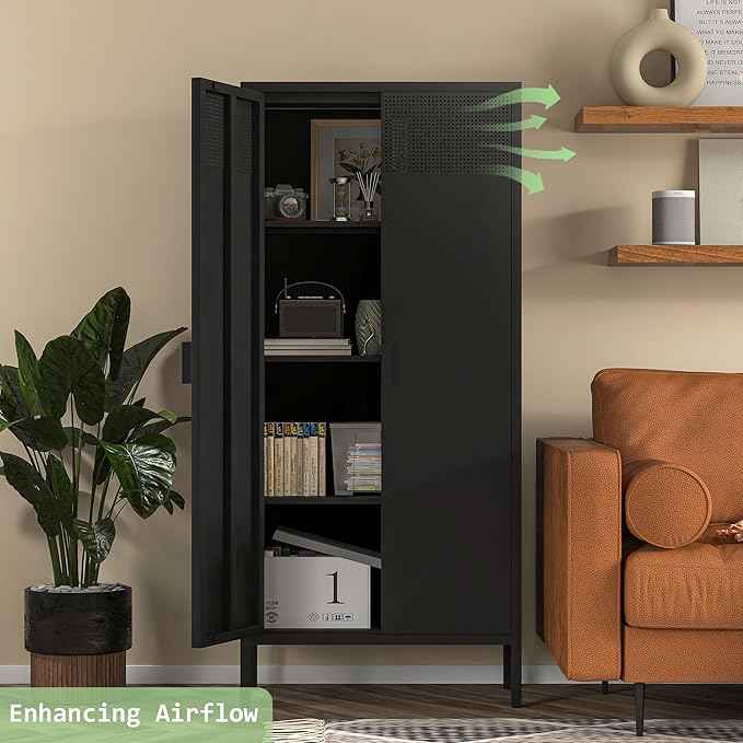 COFaR 4 Tier Black Metal Storage Cabinet, Free Standing with 2 Doors, 3 Adjustable Shelves and Legs, Cupboard Metal Cabinet for Living Room, Kitchen, Dining Room, Office