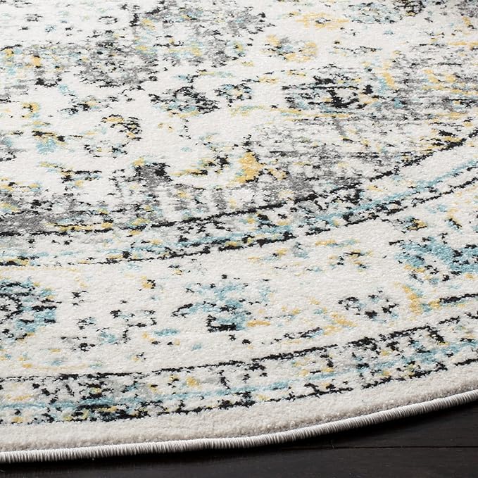 SAFAVIEH Evoke Collection Area Rug - 5'3" Round, Grey & Gold, Shabby Chic Oriental Medallion Design, Non-Shedding & Easy to Clean, Ideal for Living Room, Bedroom, Dining Space (EVK220B)