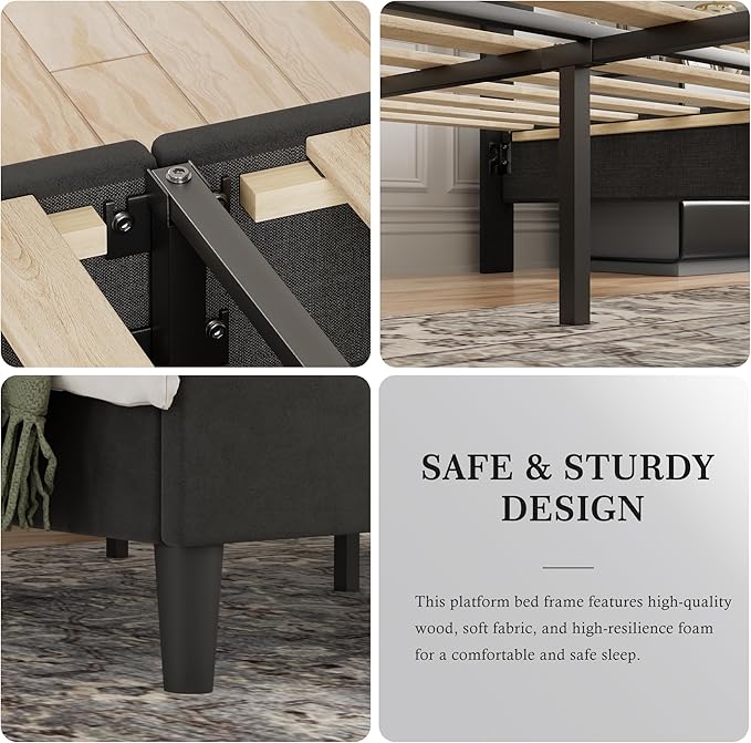 VECELO Queen Bed Frame with Upholstered Headboard, Heavy-Duty Platform Bedframe with Strong Wooden Slats Support, No Boxing Spring Needed, Velvet & Black