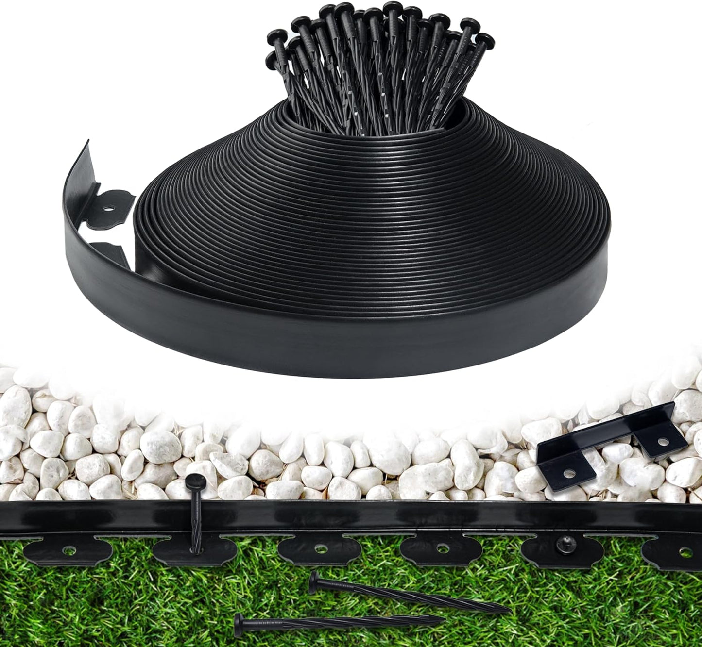 Landscape Edging Border 100 FT 2 Inch Tall with 180 Spikes, Plastic Edging for Landscaping, Garden Edging Border, Flower Bed, Paver and Lawn Edging Border, Black