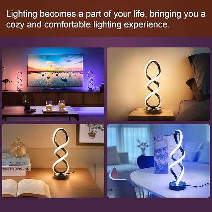 Modern Table Lamp, 7 Colors 10 Light Modes Spiral Design Table Lamp, Touch Dimmable Nightstand Lamp, Unique Bedside Lamp for Living Room, Bedroom, Cool Lamps, Black, 2 Pack