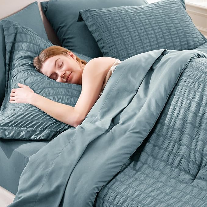 CozyLux King Size Comforter Set Mineral Blue Seersucker 7 Pieces Bed in a Bag King Comforter Set with Sheets, Luxury Bedding Set with Down Alternative Comforter, Sheets, Pillowcases & Shams All Season