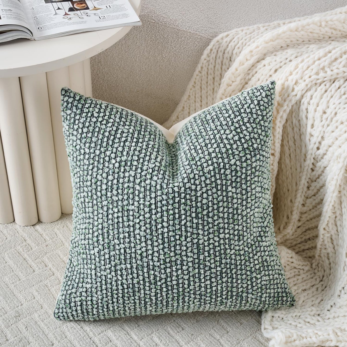 Striped Throw Pillow Covers 18x18 Set of 2 Green Textured Boucle Chic Morden Boho Accent Farmhouse Square Decorative Couch Pillow Covers for Home Decor Bed Sofa Living Room