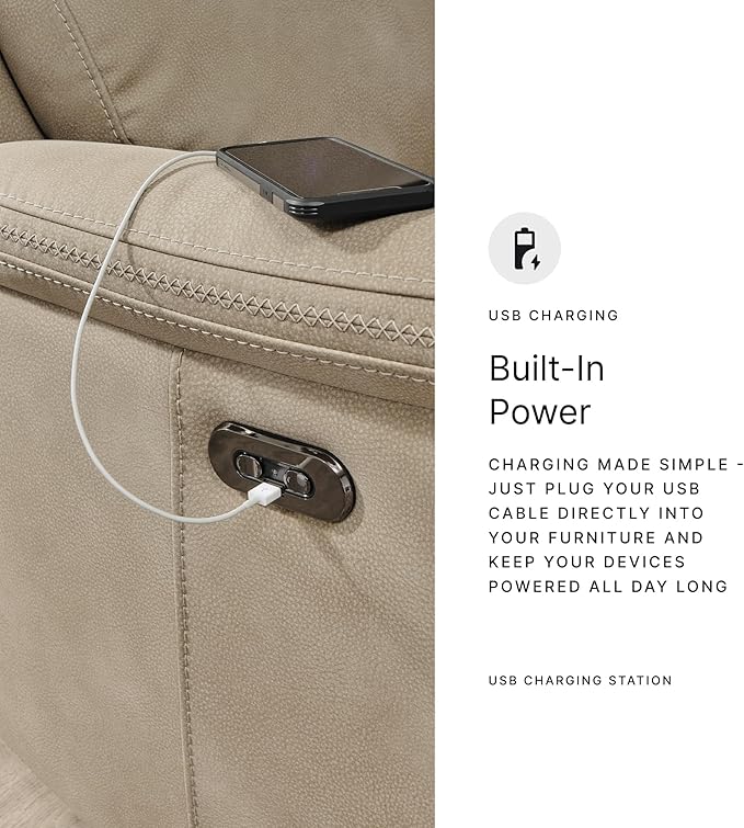 Signature Design by Ashley Next-Gen DuraPella Power Recliner with Adjustable Headrest, Extended Ottoman, USB Charging, Water Repellent Faux Leather, Beige