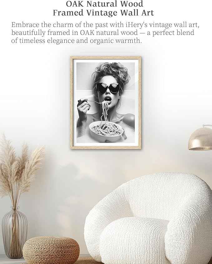 iHery Natural OAK Wood Framed Wall Art, 12x16in Woman Wearing Sunglasses Eating Pasta in Bath Canvas Wall Decor, Funny Black and White Bathroom Wall Decor, Kitchen Room Print Set of 1