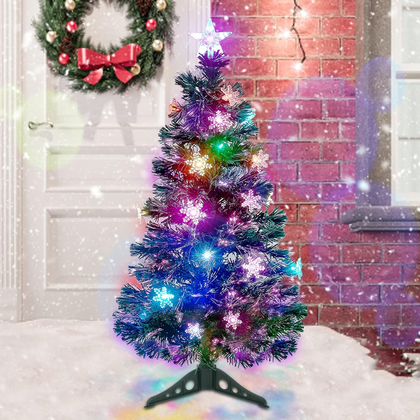 Prsildan 3 FT Artificial Christmas Tree, Pre-Lit Optical Fiber Xmas Trees with Multicolor LED Lights, Snowflakes & Top Star, Lighted Christmas Tree Holiday Home Decor