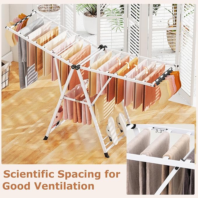 Giantex Clothes Drying Rack, Foldable Metal Laundry Drying Rack with Height Adjustable Wings, 16 Drying Rails, Sock Clips & Shoe Racks, Freestanding Clothing Stand for Indoor & Outdoor, White