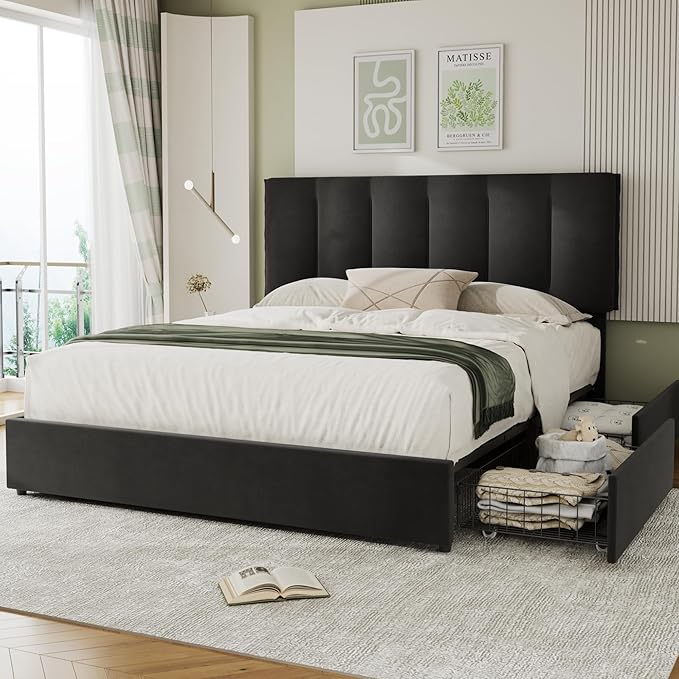 VECELO King Size Bed Frame with 4 Storage Drawers, Adjustable Height Headboard, Heavy-Duty Bedframe with Strong Wooden Slats, No Box Spring Needed, Black