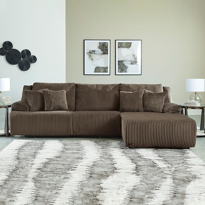 Signature Design by Ashley Top Tier Casual Manual Reclining Right-Arm Facing 3-Piece Sofa Chaise Sectional with 4 Accent Pillows, Dark Brown