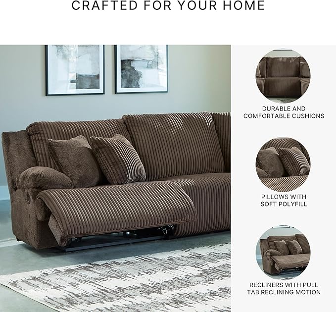 Signature Design by Ashley Top Tier Casual Manual Reclining Right-Arm Facing 3-Piece Sectional Sofa Chaise with 4 Accent Pillows, Dark Brown