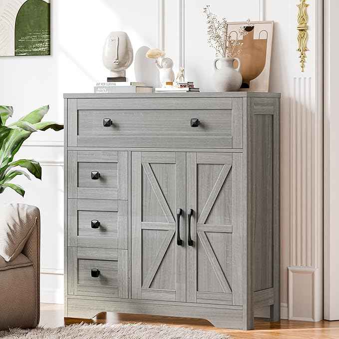 Vabches Farmhouse Storage Cabinet with 2 Doors and 4 Drawers, Freestanding Bathroom Storage Cabinet Kitchen Pantry, Floor Hutch Cupboard for Bathroom/Living Room/Kitchen.(Wash Grey
