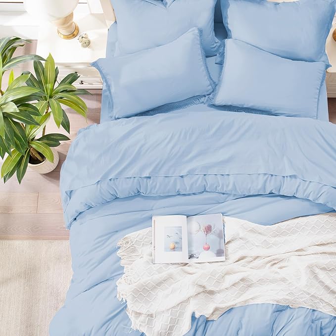 Andency Full Size Comforter Set Light Blue -7 Pieces Boho Tassel Bed in a Bag Soft Lightweight Bedding Sets, Fringe All Season Bed Set with Comforter, Sheets, Pillowcases & Shams