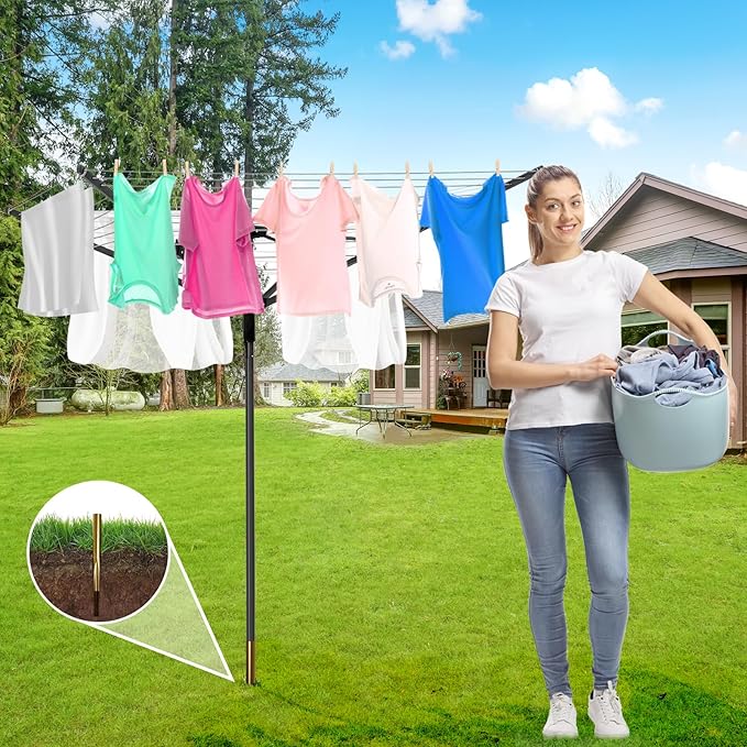 Outdoor Umbrella Drying Rack,Rotary Retractable Clothes Line,Outdoors Adjustable Height Drying Rack Clothing 12 Lines 4 Arms with 165 Feet Drying Space,Collapsible Clothes Drying Rack for Backyard