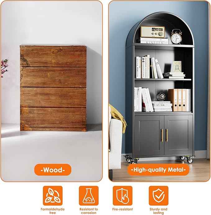 Metal Arched Bookcase with Wheels, Black Arched Bookshelf with 2 Adjustable Shelf for Home Office Living Room,Required Assembly