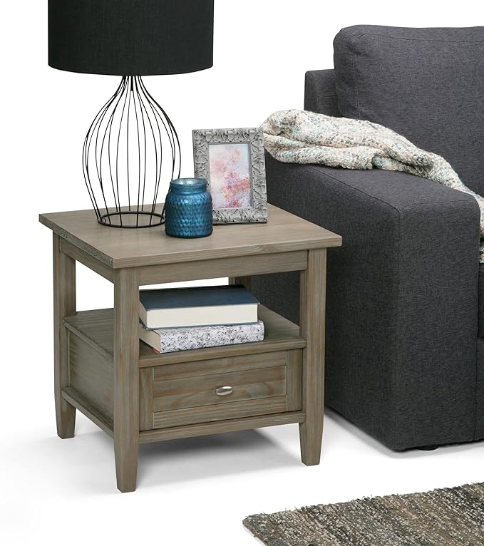 SIMPLIHOME Warm Shaker End Table - 20 inch Wide Solid Wood Side Table in Distressed Grey, Transitional Accent Table for Living Room or Bedroom with Drawer, Open Shelf and Square Tapered Legs