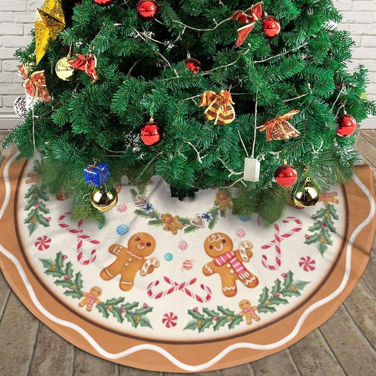 Christmas Tree Skirt,Gingerbread Xmas Tree Skirt Rustic Farmhouse Tree Skirt for Christmas Decor Xmas Holiday Home Party Decorations48