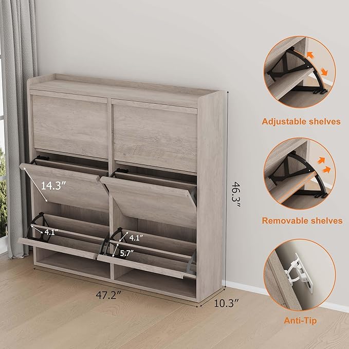 GarveeHome Shoe Cabinet with 6 Flip Drawers, Wooden Shoe Organizer Cabinet with Adjustable Shelf, Shoe Storage for Entryway, Hidden Shoe Cabinet for Hallway, Living Room, Grey