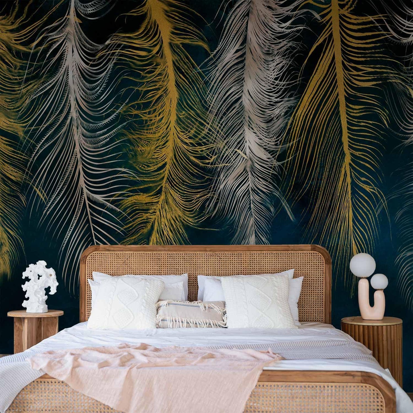 artgeist Premium Wall Mural Feather 197x138 in - Non-Woven Wallpaper Fleece Wall Decor Photo Print Picture Image Design Landscape Abstract Beige Navy Blue b-A-0812-a-a