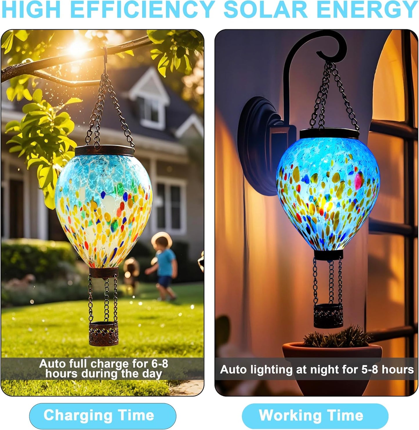 VOREEN Solar Hot Air Balloon Glass Lantern – Hand Blown Multicolor Glass Outdoor Hanging Light, IP44 Waterproof LED, Garden Patio Decoration Gift for Mom Wife Friend, Backyard Night Lighting Decor