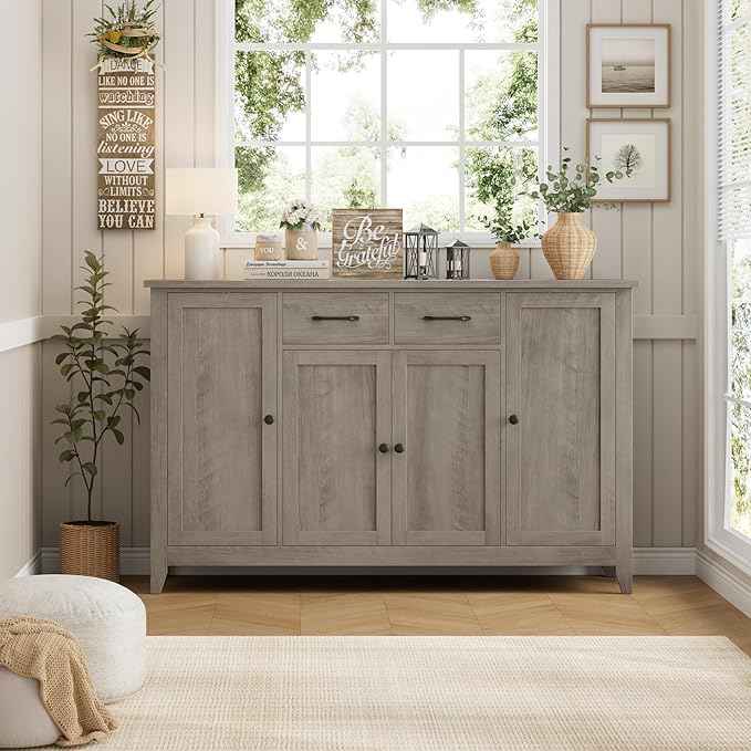 HORSTORS 55" Buffet Cabinet with Storage, Kitchen Buffet Sideboard with Drawers, Large Storage Cabinet with Doors and Shelves, Modern Farmhouse Coffee Bar for Kitchen, Dining Room, Living Room, Grey